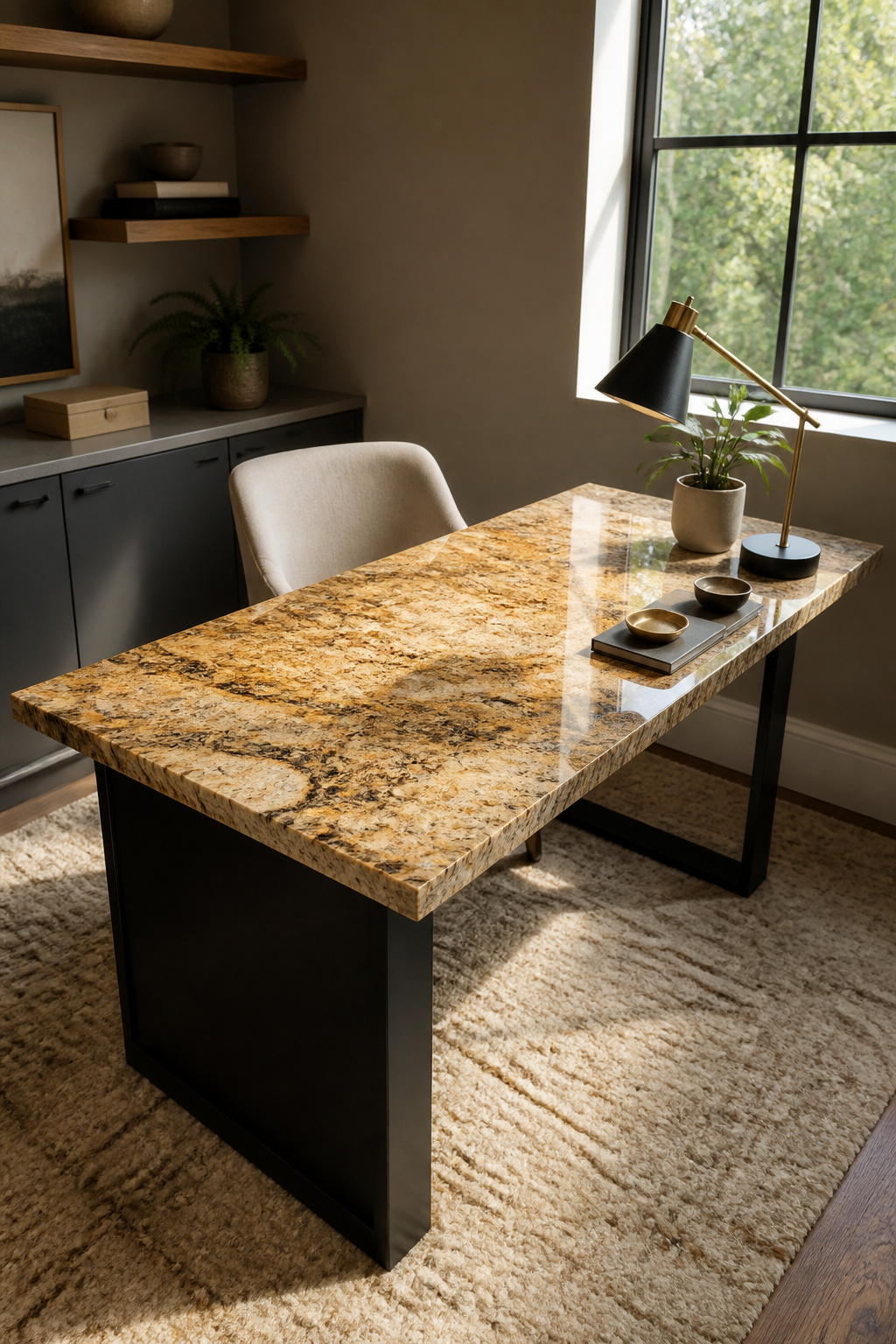 A desk featuring a striking granite countertop.