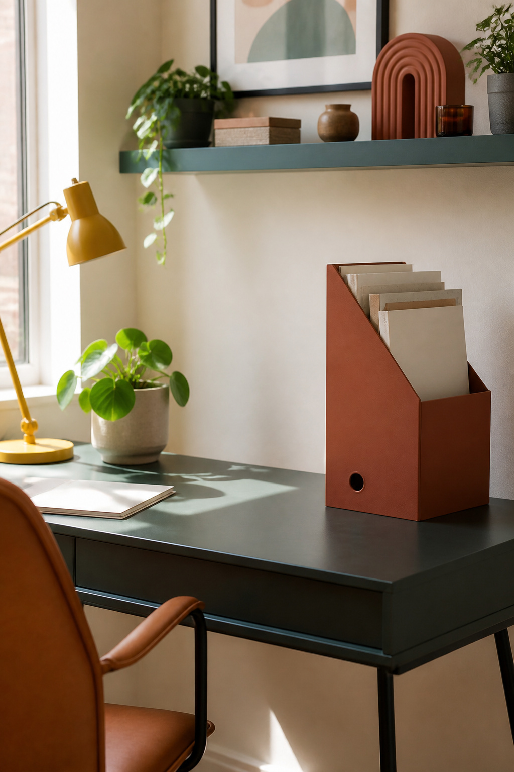 A small office with colorful decorative elements and a desk.