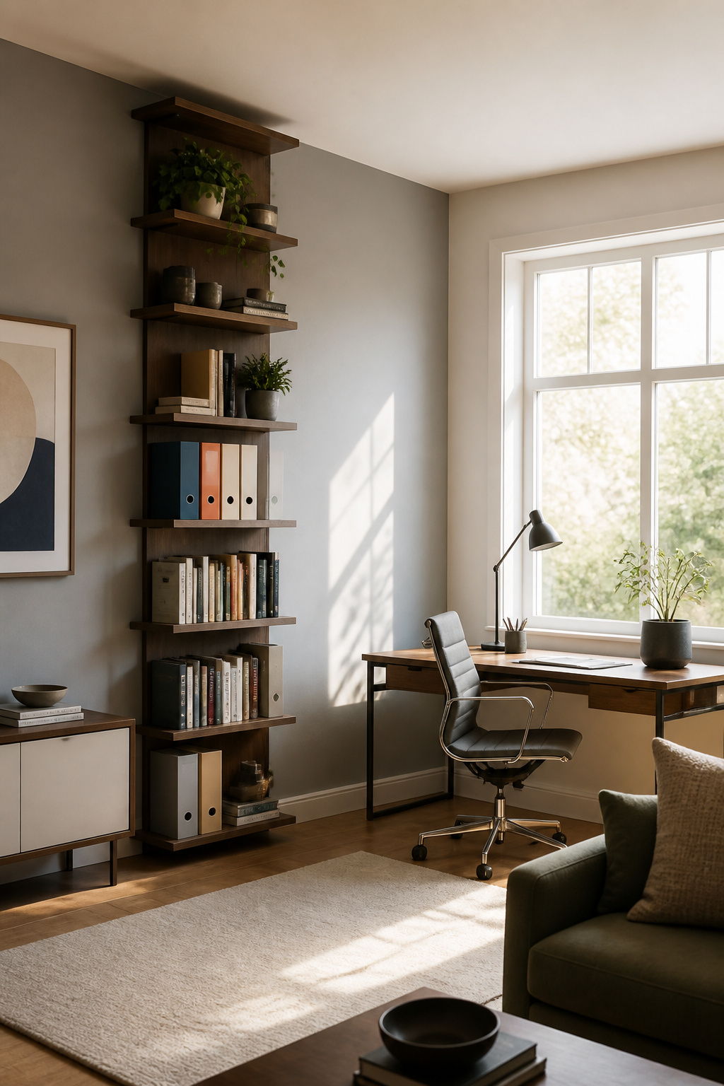 A vertical shelving unit mounted above a narrow console desk.