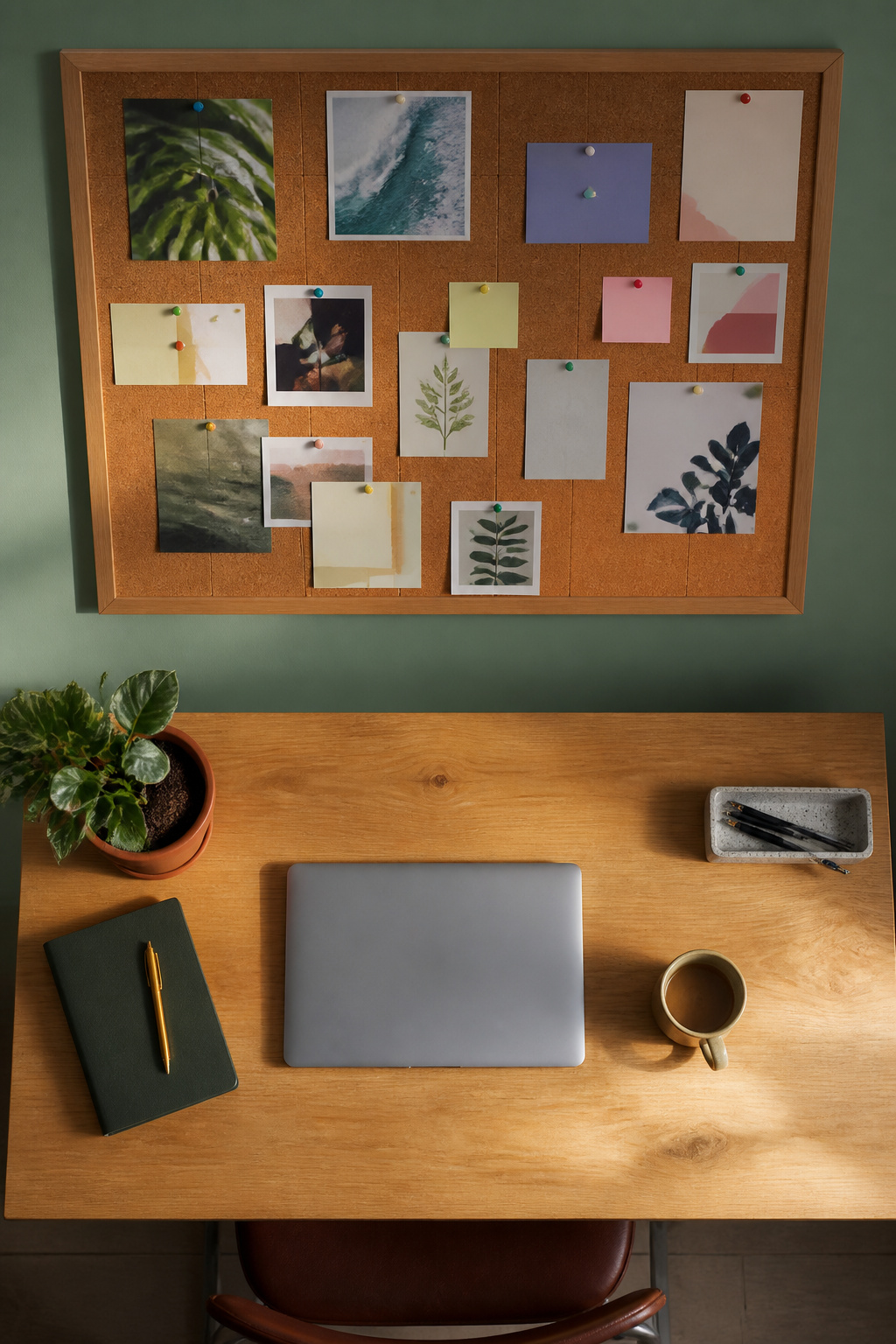 A section of corkboard mounted on a wall for pinning notes.