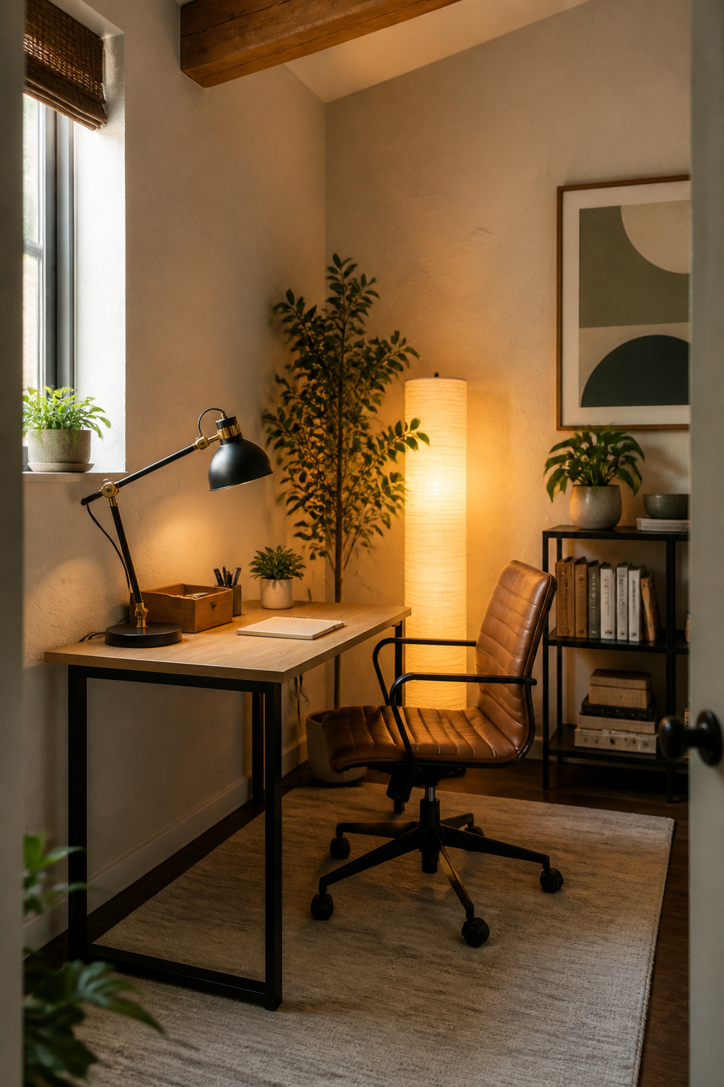 A swing-arm desk lamp and a floor lamp illuminate the workspace.