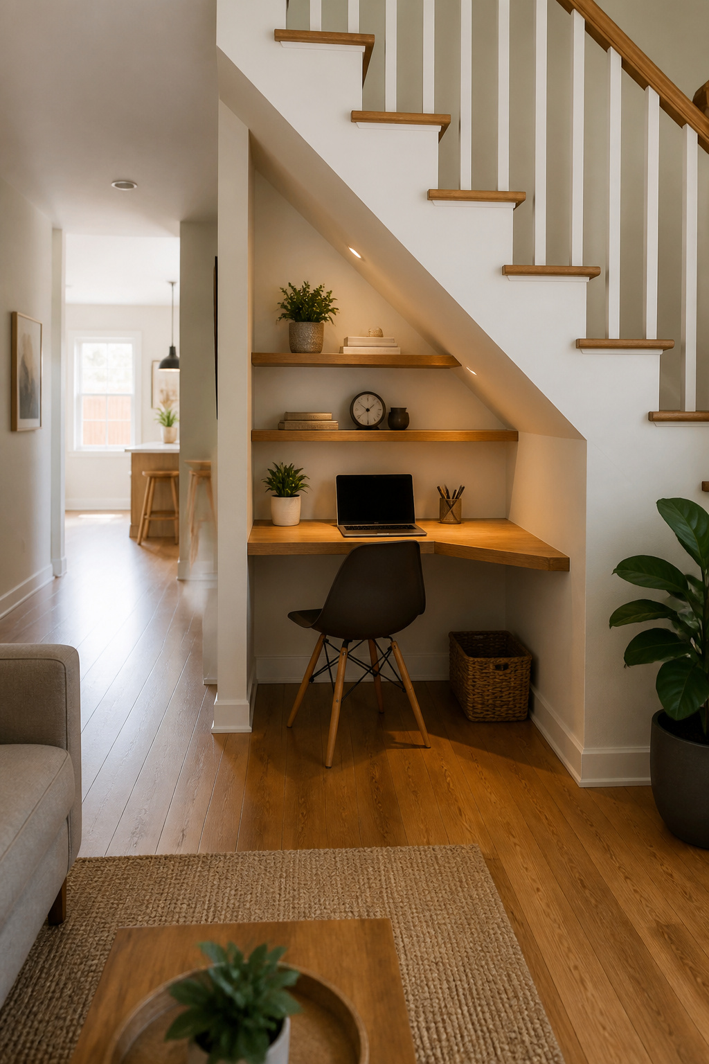 A triangular desk with floating shelves above it.