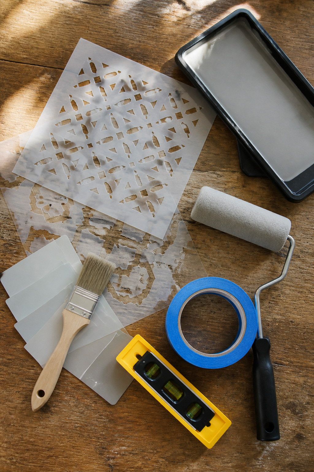How to Stencil a Wall: 7 Steps for Clean, Repeatable Designs 1 Mylar stencils, a foam roller, and painter's tape arranged for stenciling.