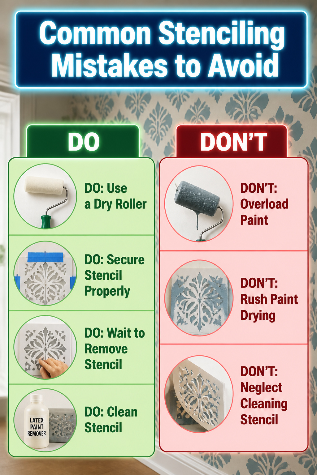 How to Stencil a Wall: 7 Steps for Clean, Repeatable Designs 10 A visual guide highlighting common stenciling mistakes to avoid.