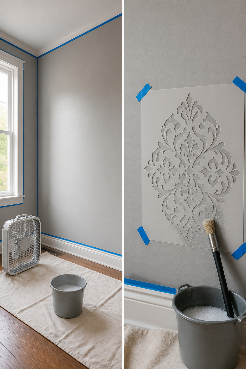 How to Stencil a Wall: 7 Steps for Clean, Repeatable Designs 2 A wall cleaned and taped off, prepared for the base coat before stenciling.