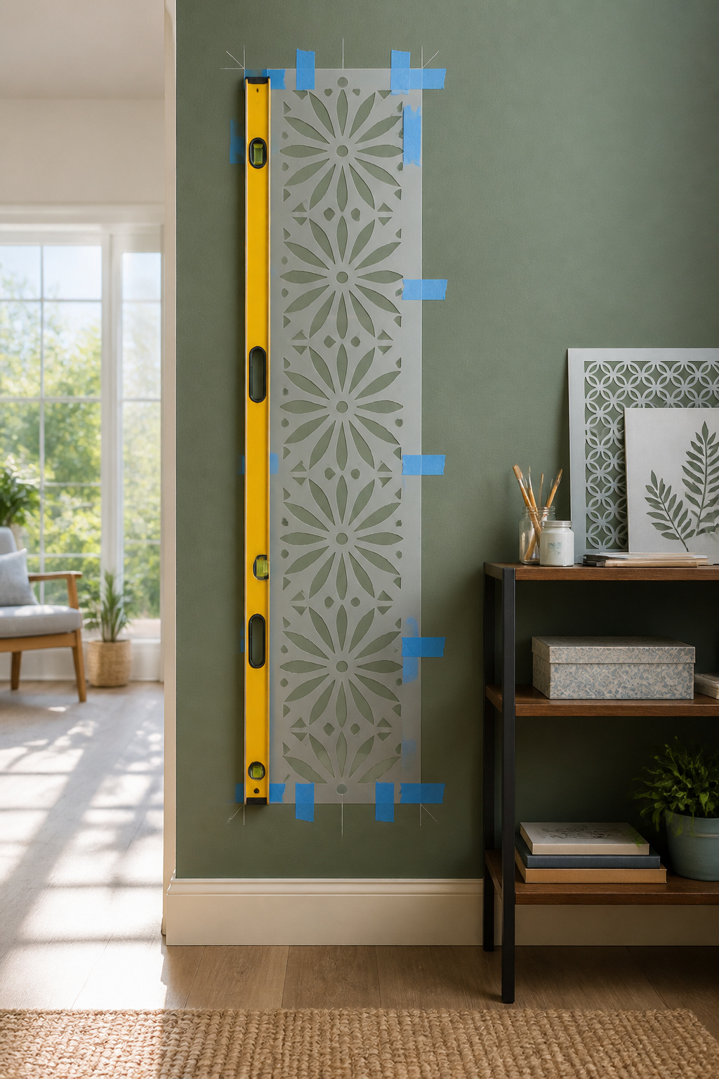 How to Stencil a Wall: 7 Steps for Clean, Repeatable Designs 3 A level positioned against a wall with a taped stencil for accurate placement.