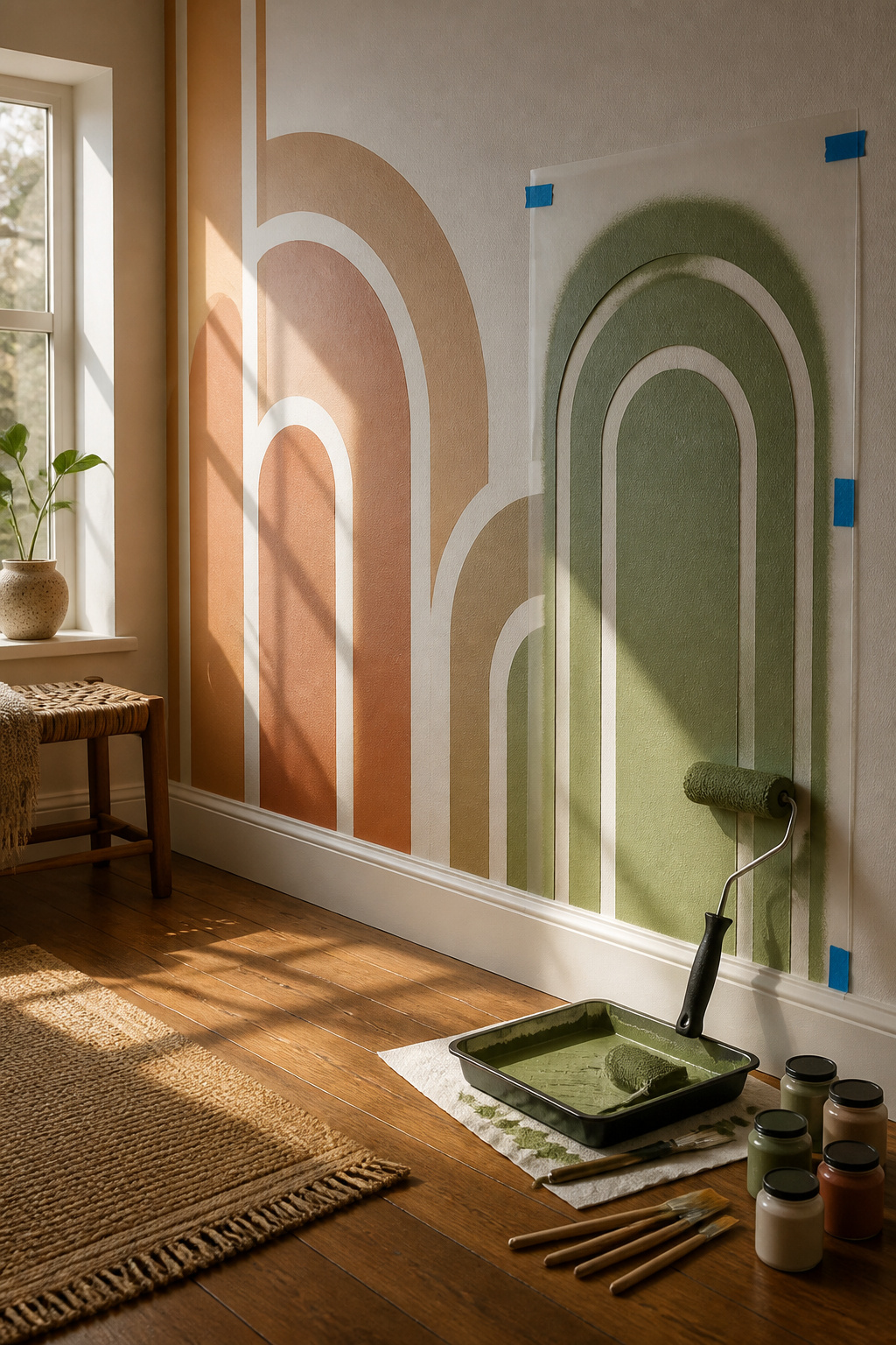 How to Stencil a Wall: 7 Steps for Clean, Repeatable Designs 4 A foam roller painting over a stencil, with a tray and paper towel nearby.