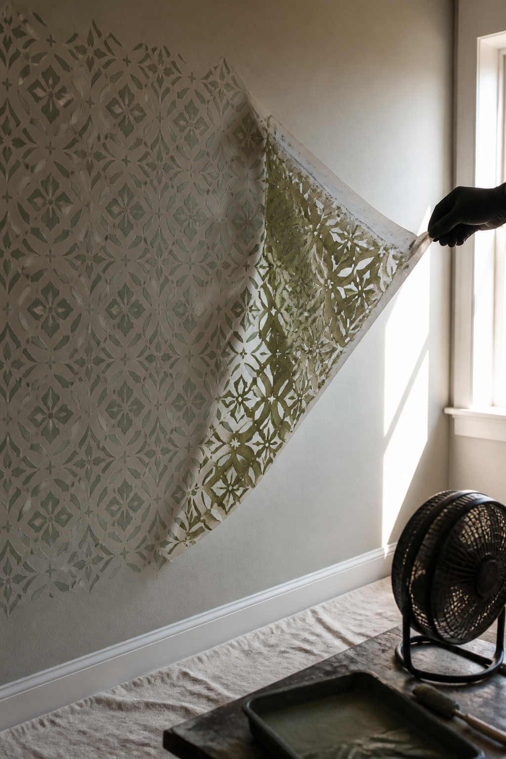How to Stencil a Wall: 7 Steps for Clean, Repeatable Designs 5 A hand pulling a stencil away from the wall, showing a new design underneath.