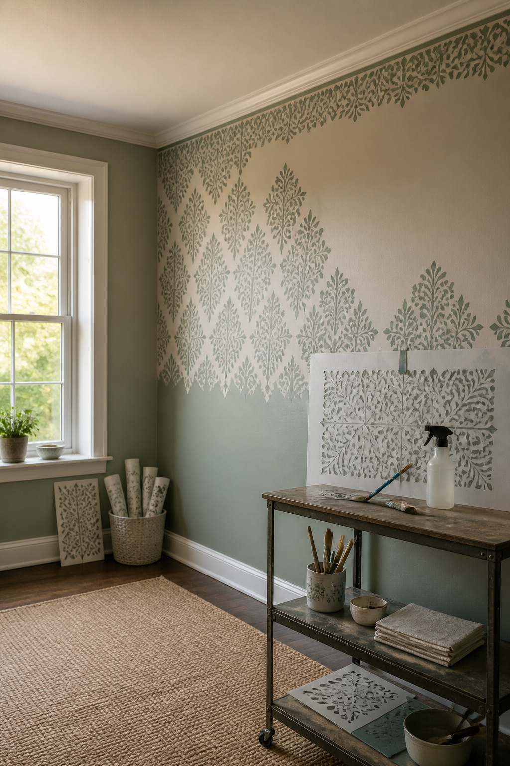 How to Stencil a Wall: 7 Steps for Clean, Repeatable Designs 7 An edge stencil positioned in a corner, with a brush for final detailing.