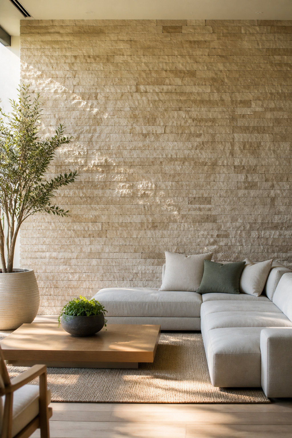 Seamless wall of 3" Split Limestone tiles in warm beige.