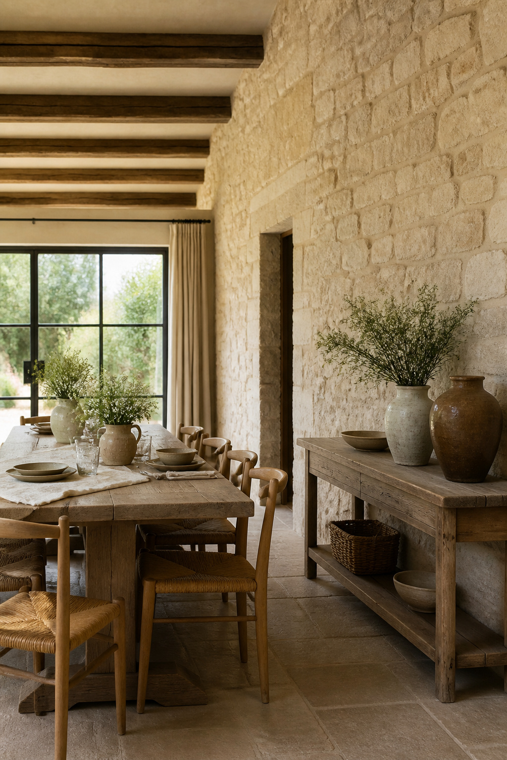 Limestone wall in a dining area, absorbing warm afternoon light.