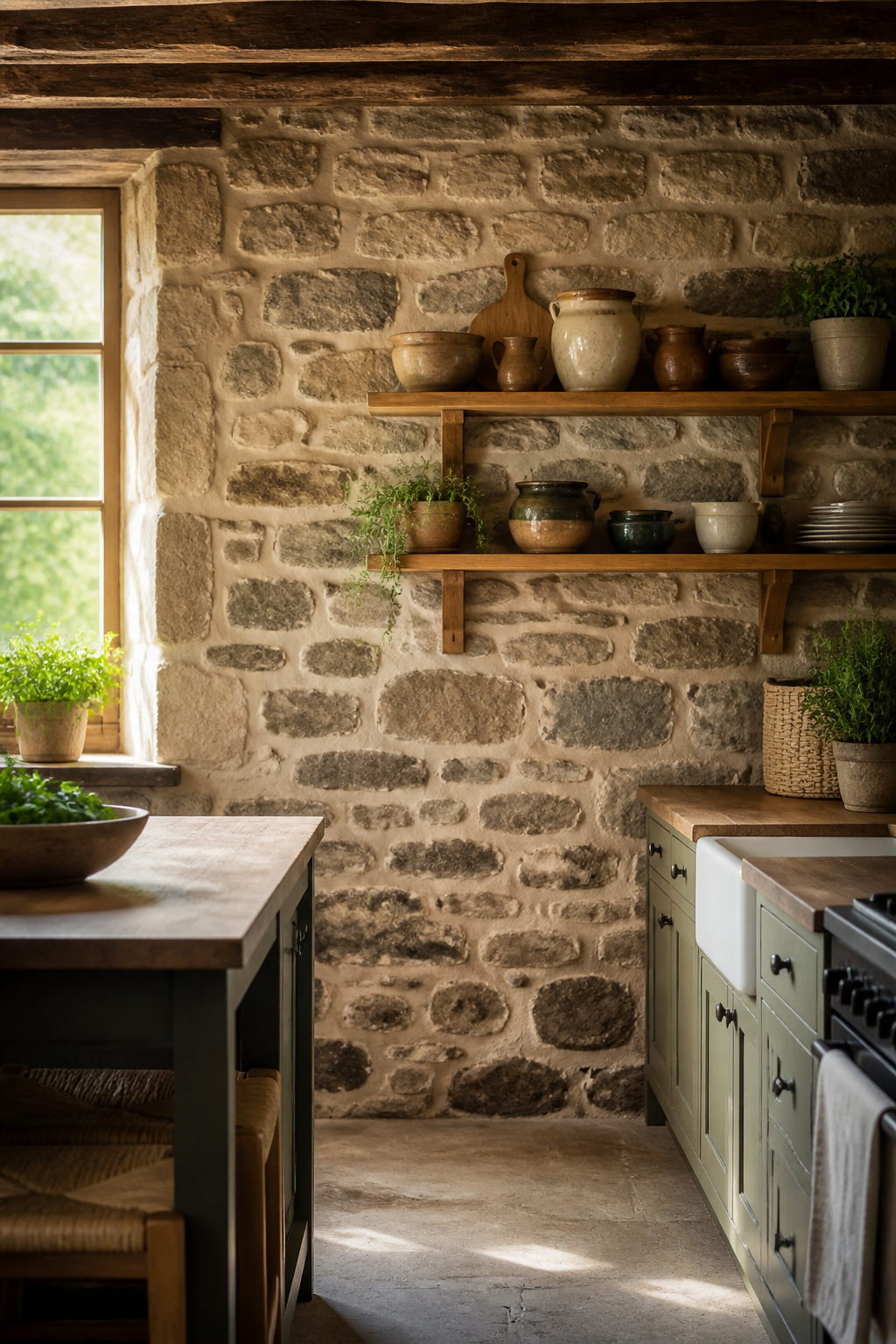 Rubble stone wall with earthy colors and thick mortar joints.