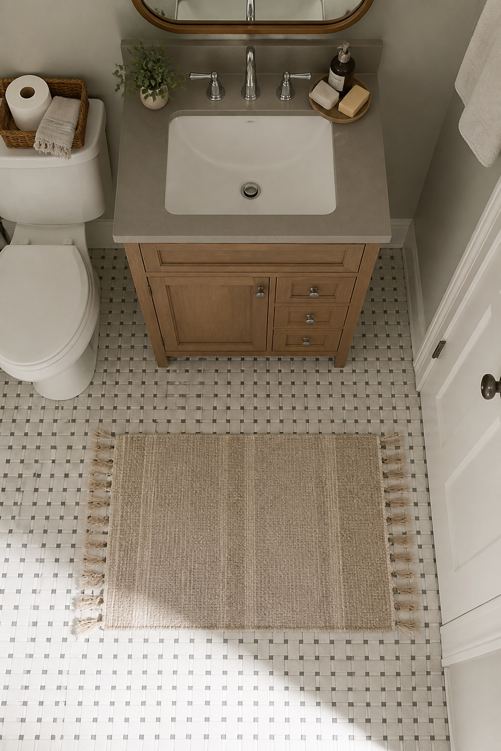 A traditional vanity measuring 24 to 72 inches displayed in a bathroom.