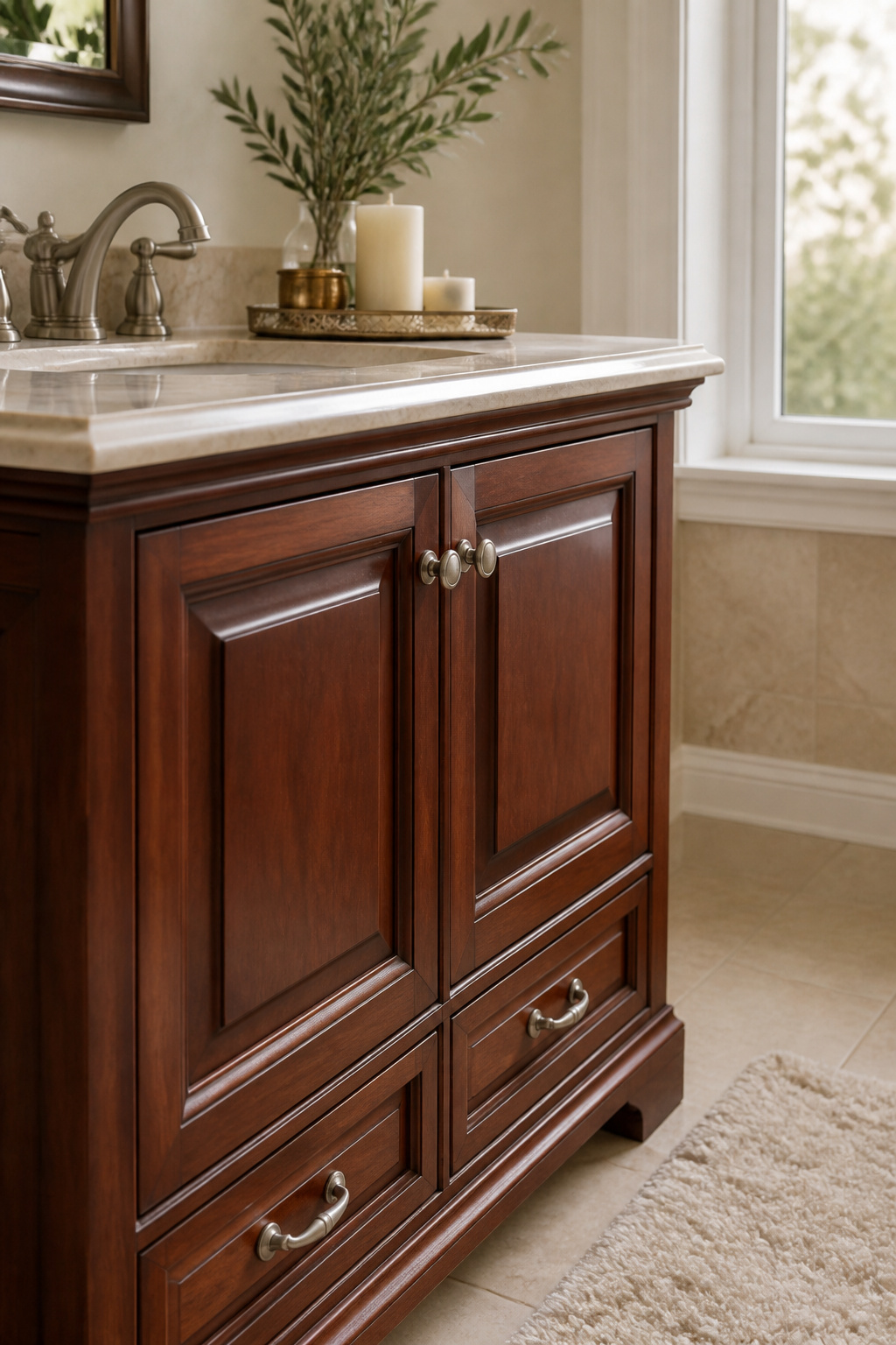 Close-up of soft-close hardware on a traditional bathroom vanity.