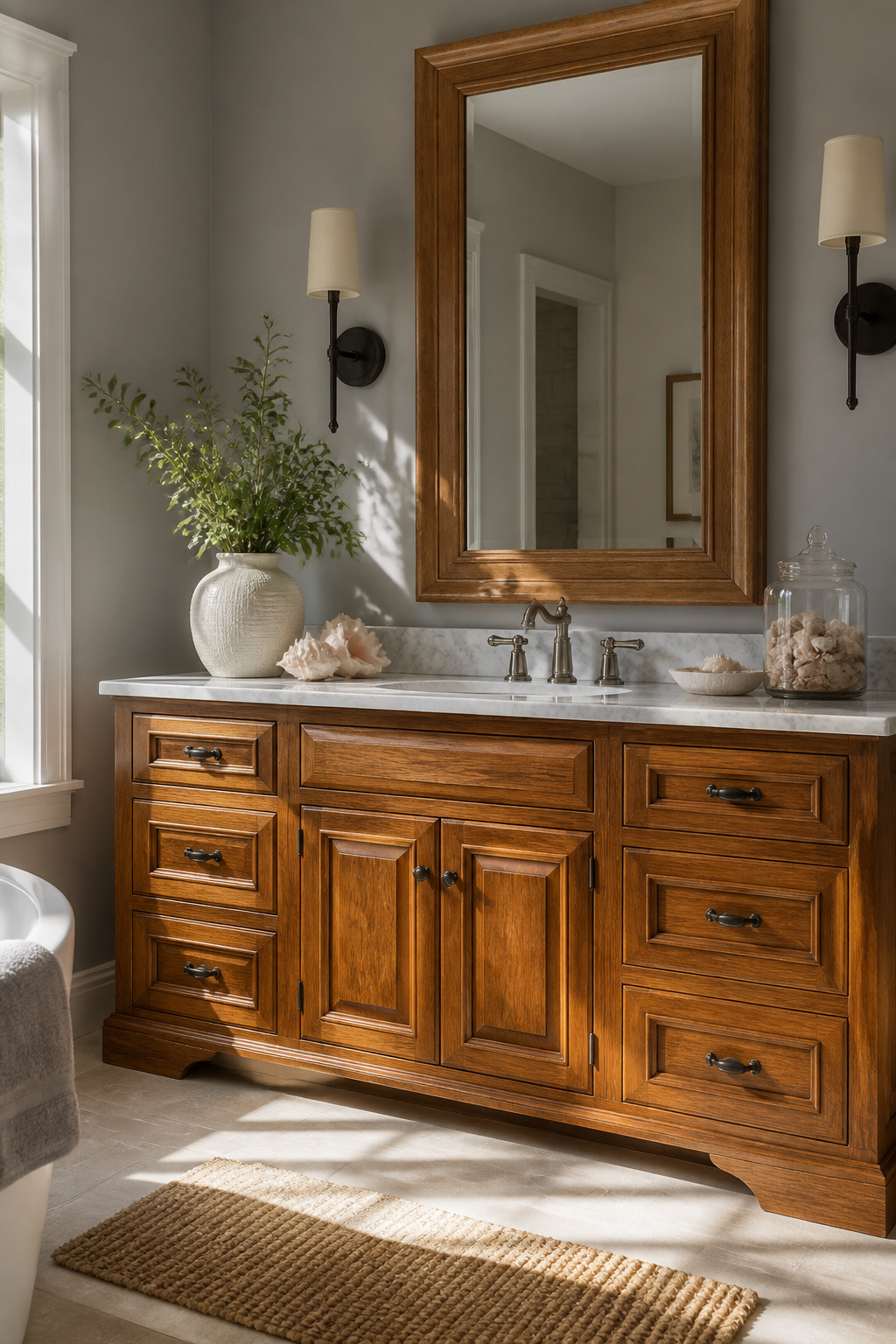 A traditional vanity showcasing solid oak construction and rich finish.