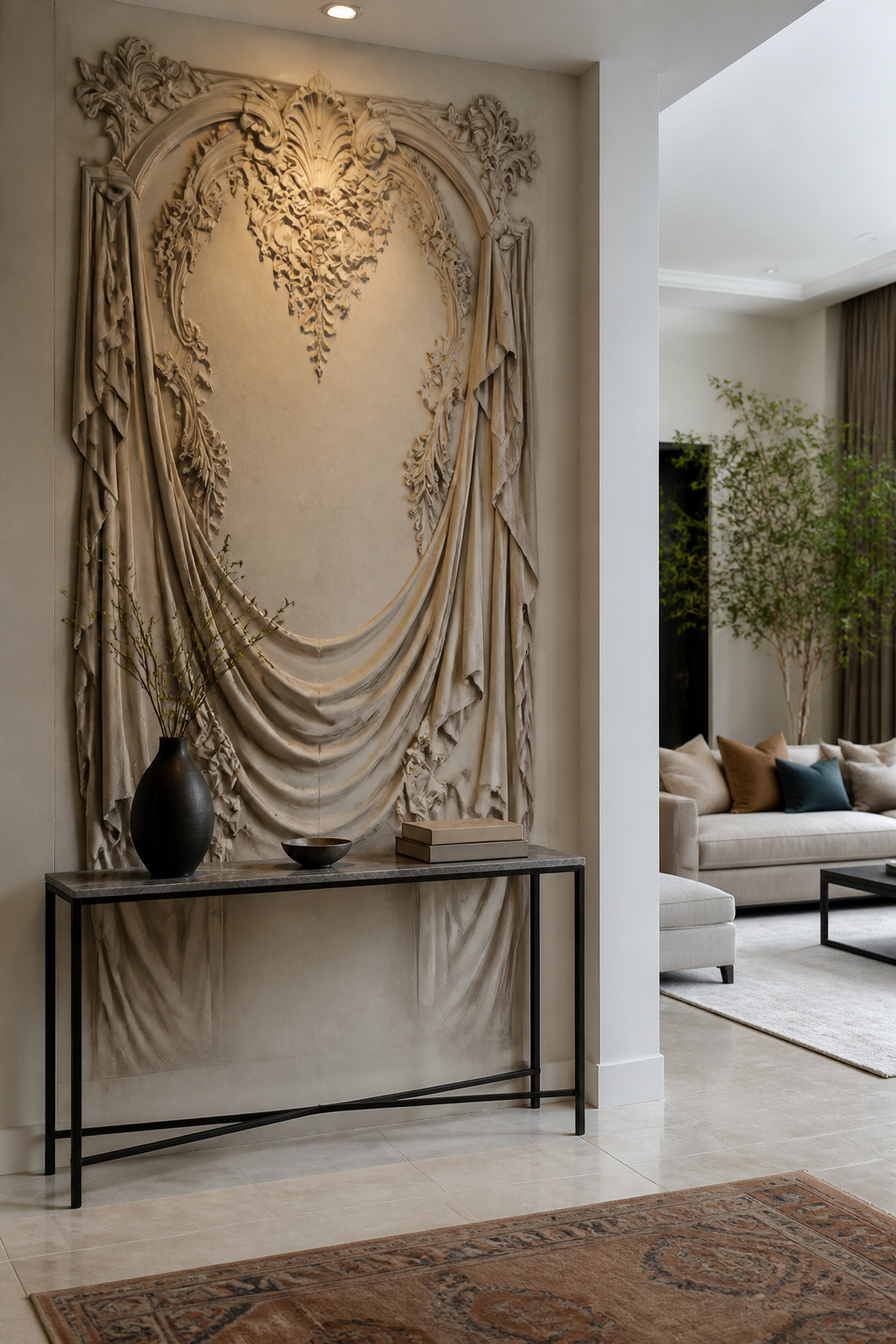 A trompe l'oeil decorative panel resembling carved woodwork.