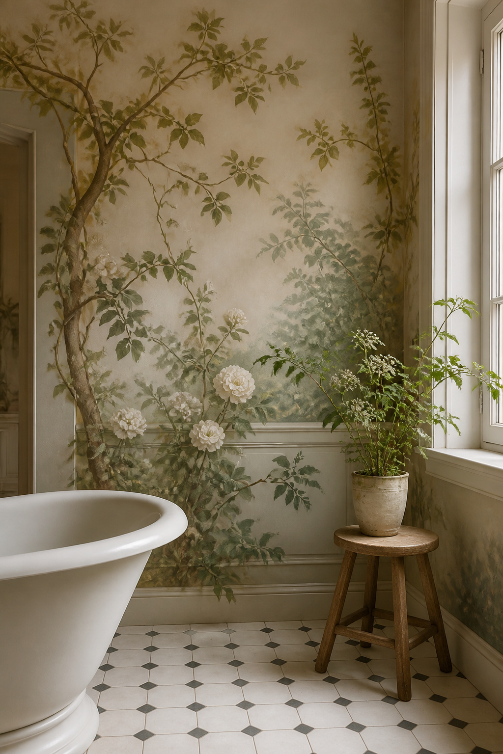 A hand-painted mural of a garden scene on bathroom walls.
