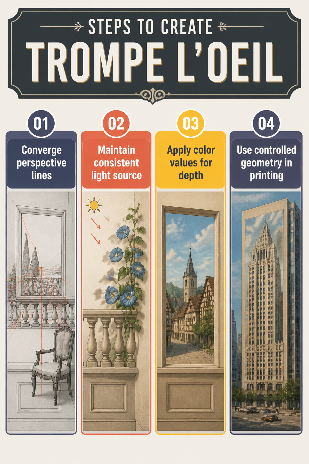 An infographic detailing the steps to create trompe l'oeil.
