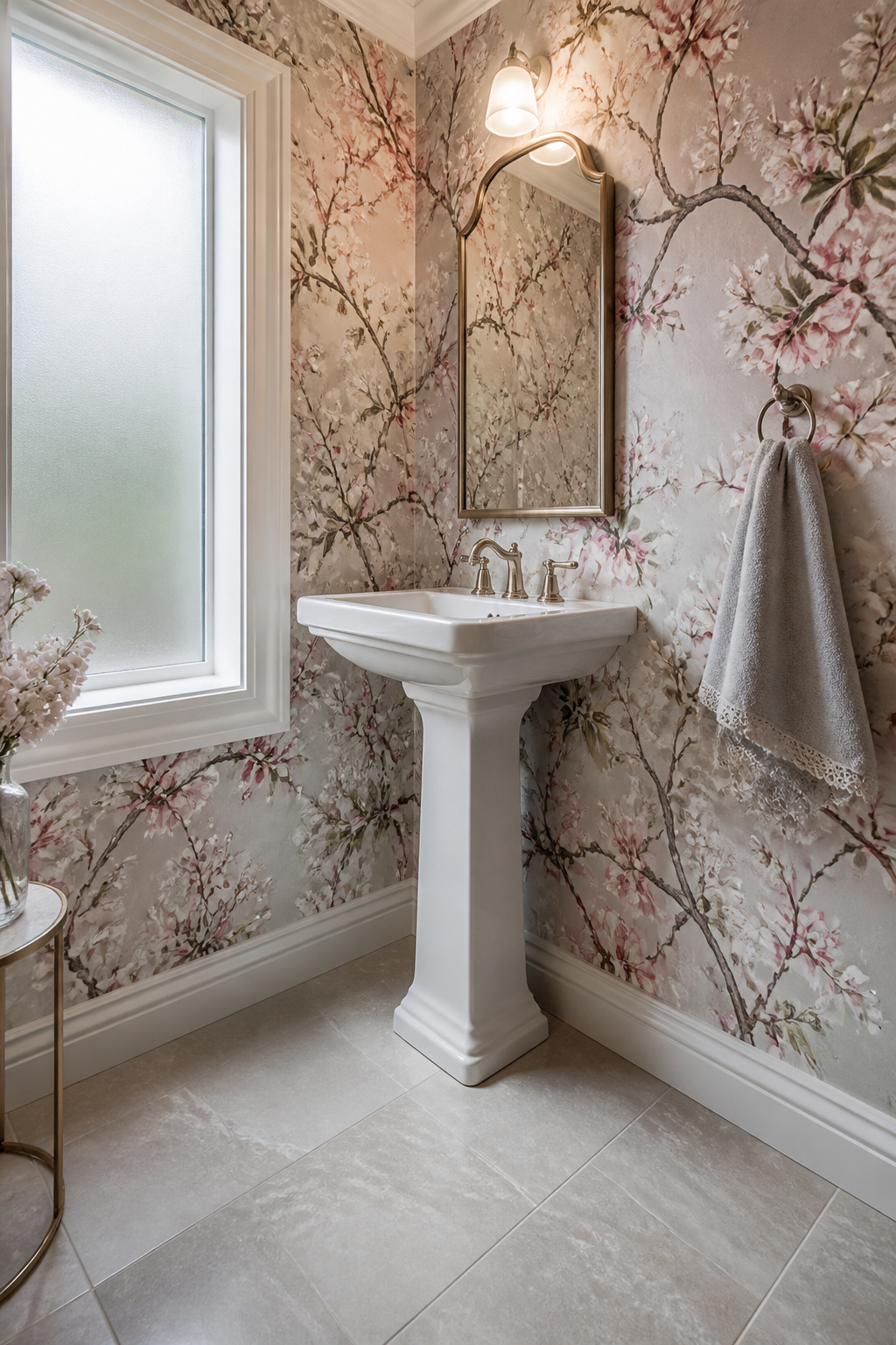 A powder room with cherry blossom floral wallpaper and a pedestal sink.