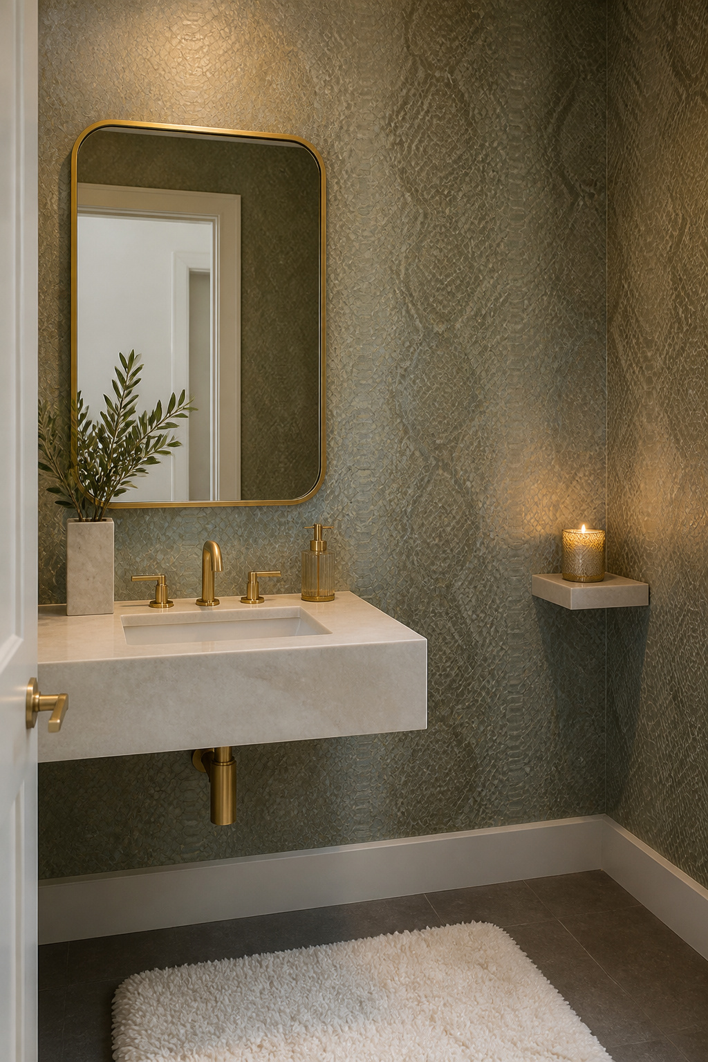 A powder room with snakeskin wallpaper and a modern sink.