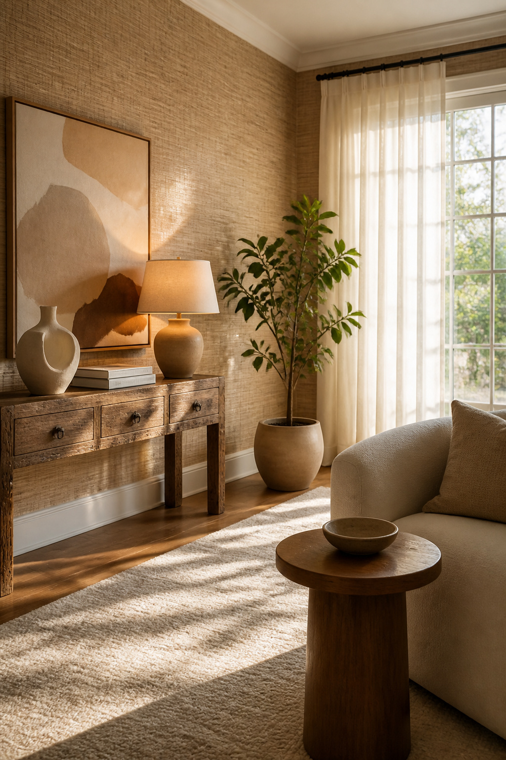 A living room with natural grasscloth wallpaper and a vintage console table.
