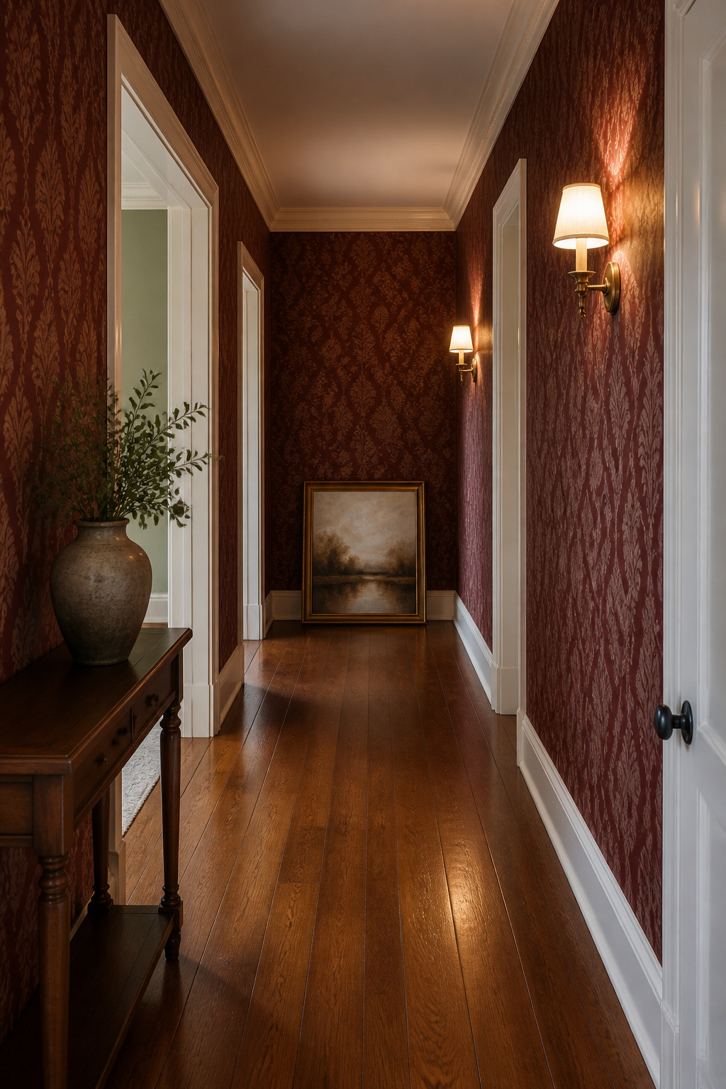 A hallway with deep red damask wallpaper, suggesting classic style.
