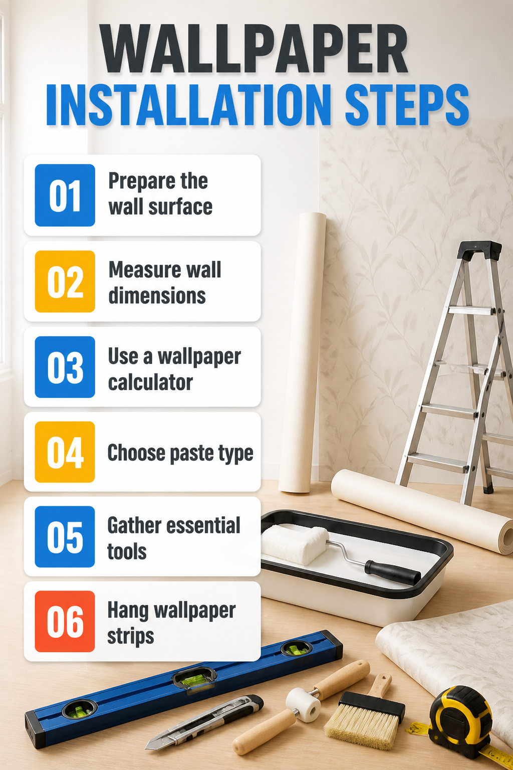 Steps for wallpaper installation showing tools and preparation techniques.