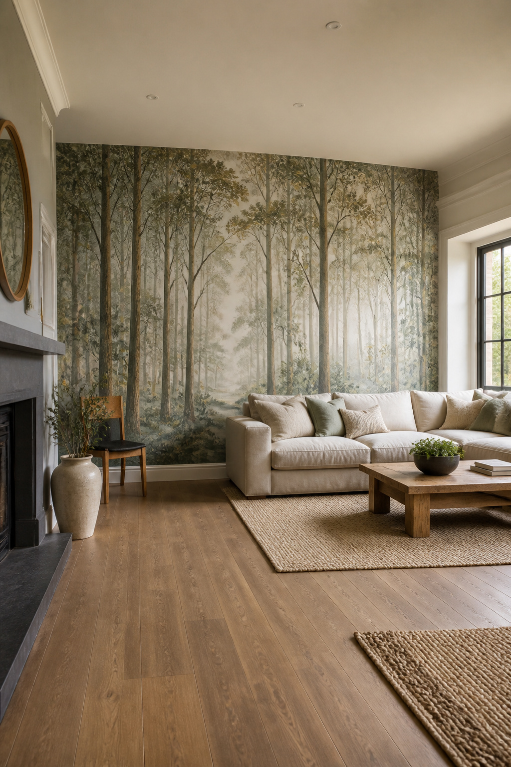 A forest mural spanning multiple panels in a room.