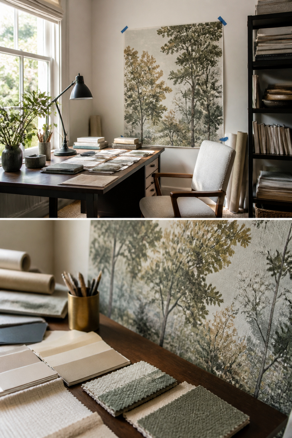 Samples of wallpaper mural trees for customer selection.