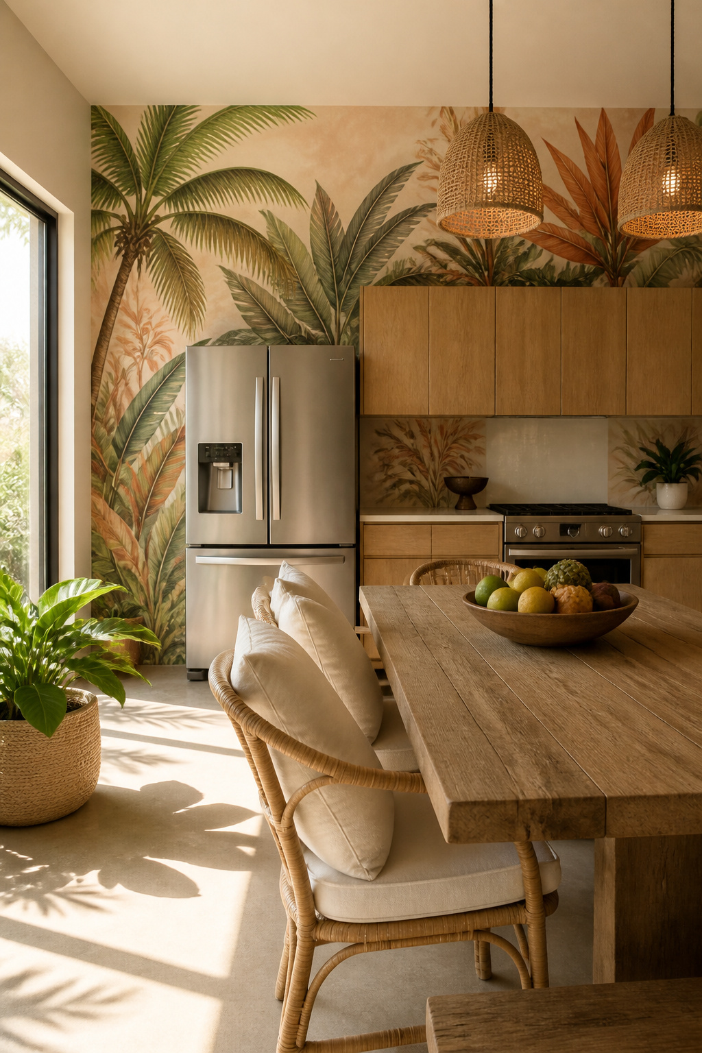 A tropical tree mural with palm fronds on a kitchen wall.