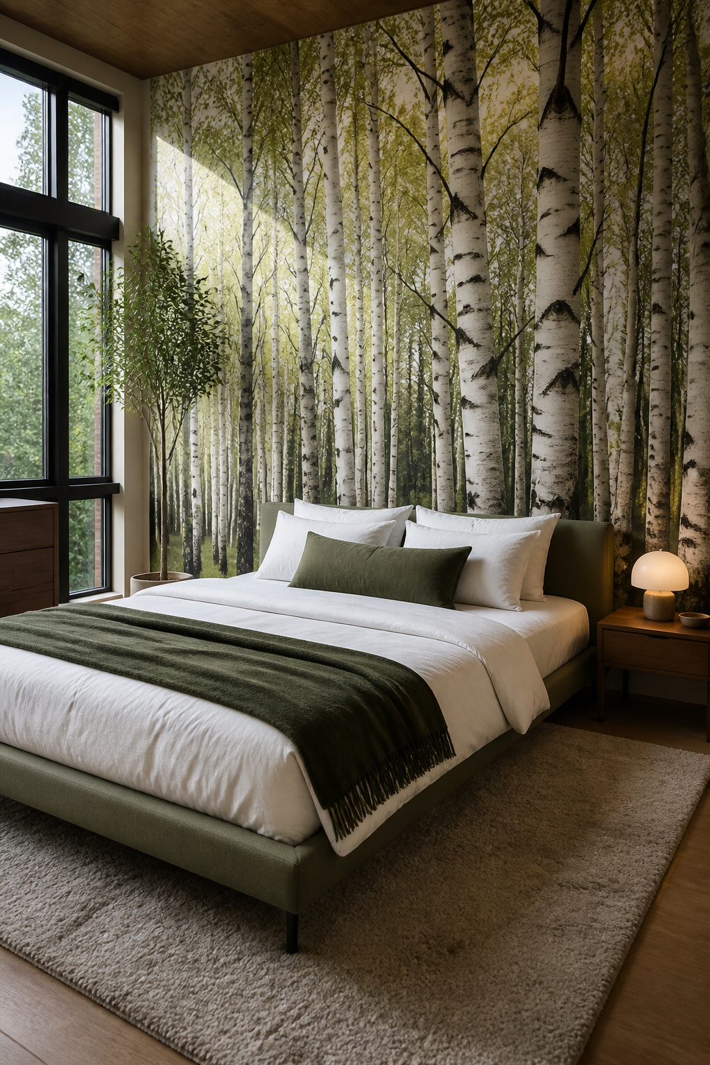 A photographic mural of a birch grove in a stylish bedroom.