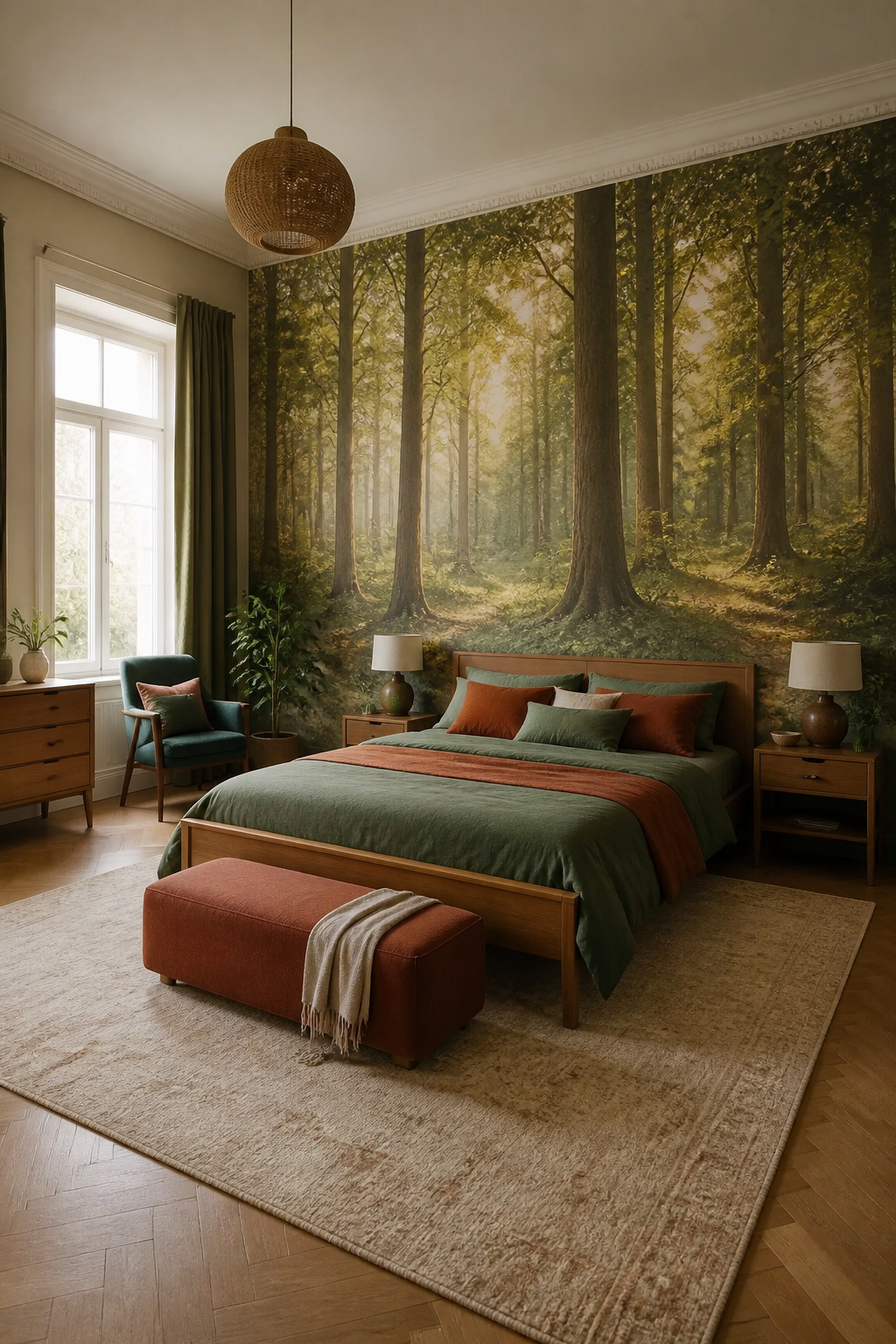 A forest mural depicting trees and natural scenery on a bedroom wall.