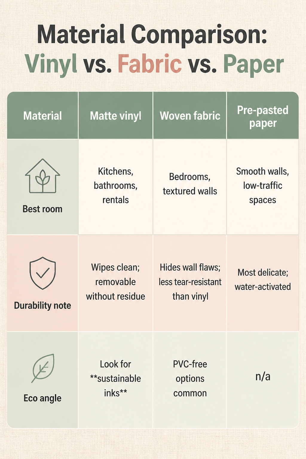 A chart comparing vinyl, fabric, and paper materials for wallpaper murals.