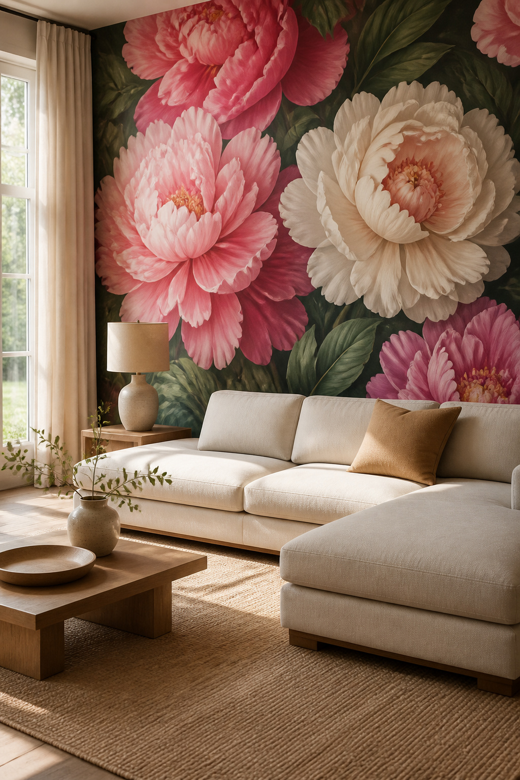 A large floral mural featuring peonies and tropical leaves on a wall.