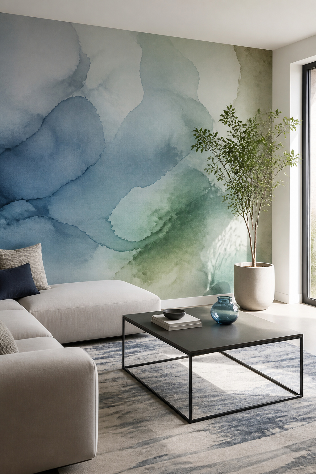 An abstract mural with soft blue and green watercolor washes on a wall.