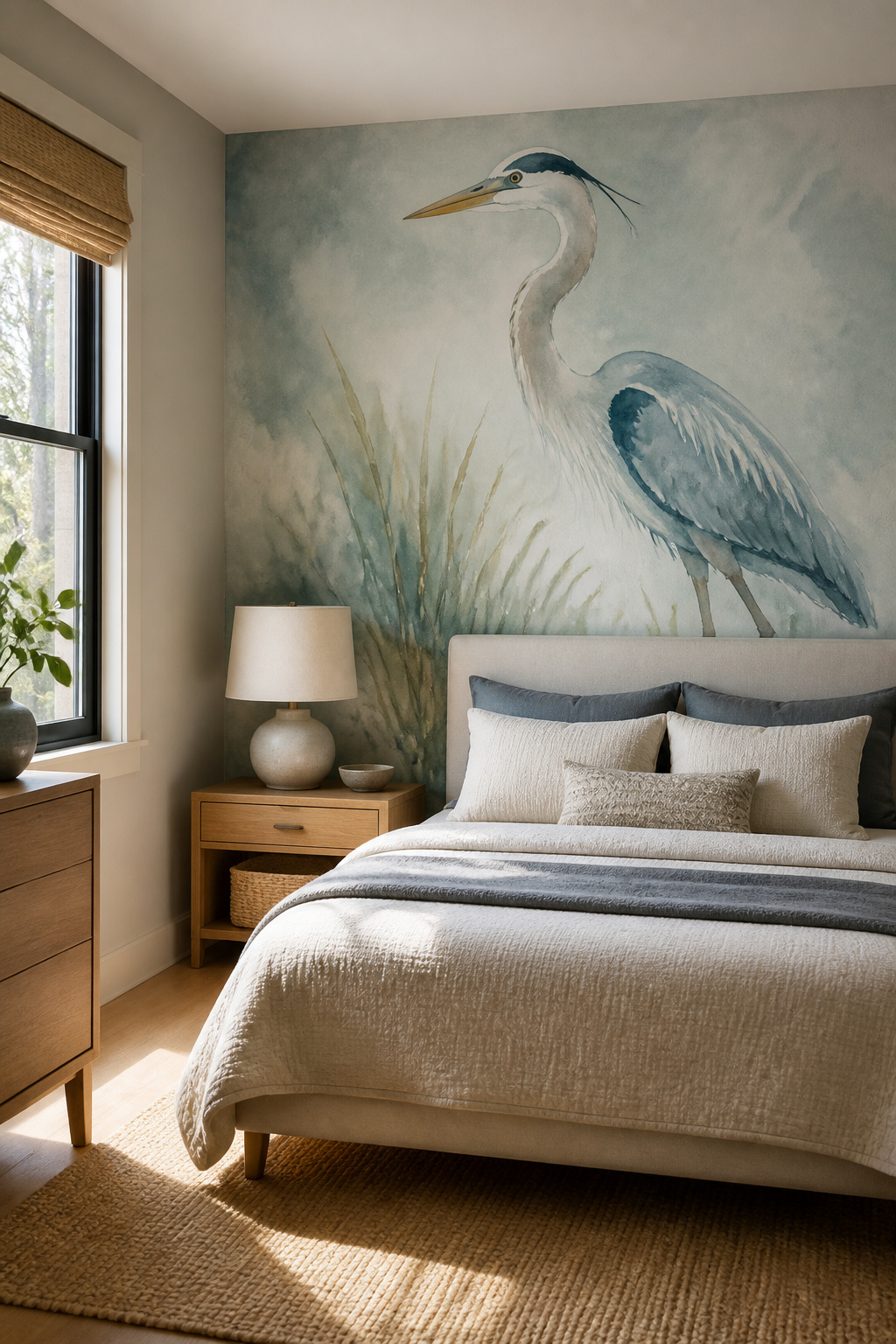 An illustrated mural of a heron on a muted aqua background in a bedroom.
