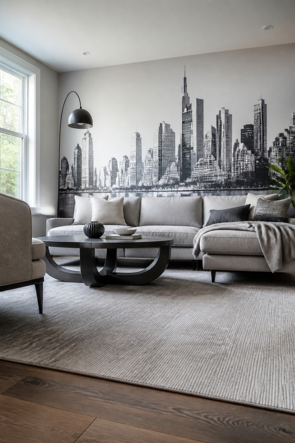 A black-and-white cityscape mural depicting an urban skyline on a wall.