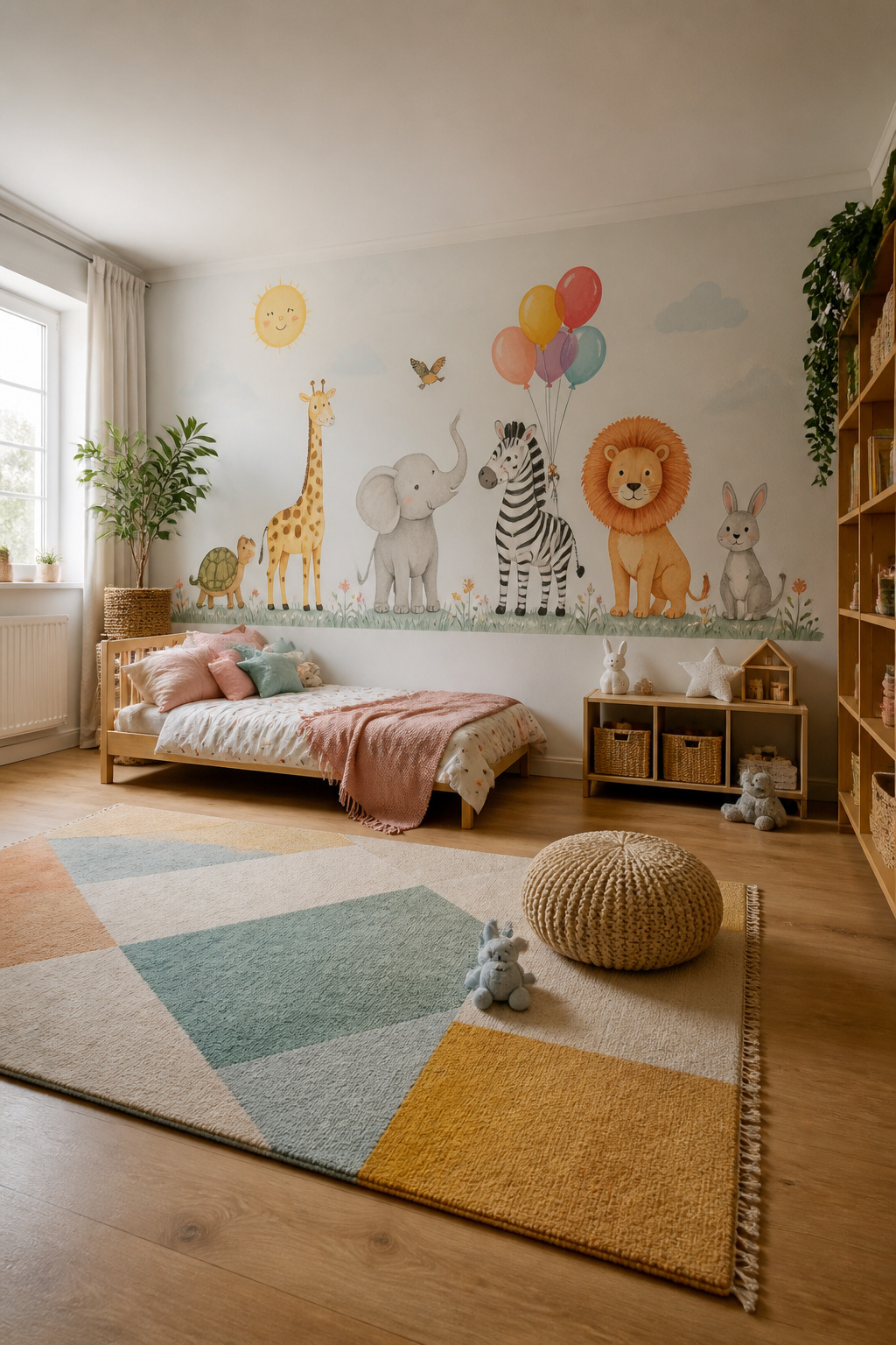 A colorful mural of fairytale animals decorating a child's bedroom wall.