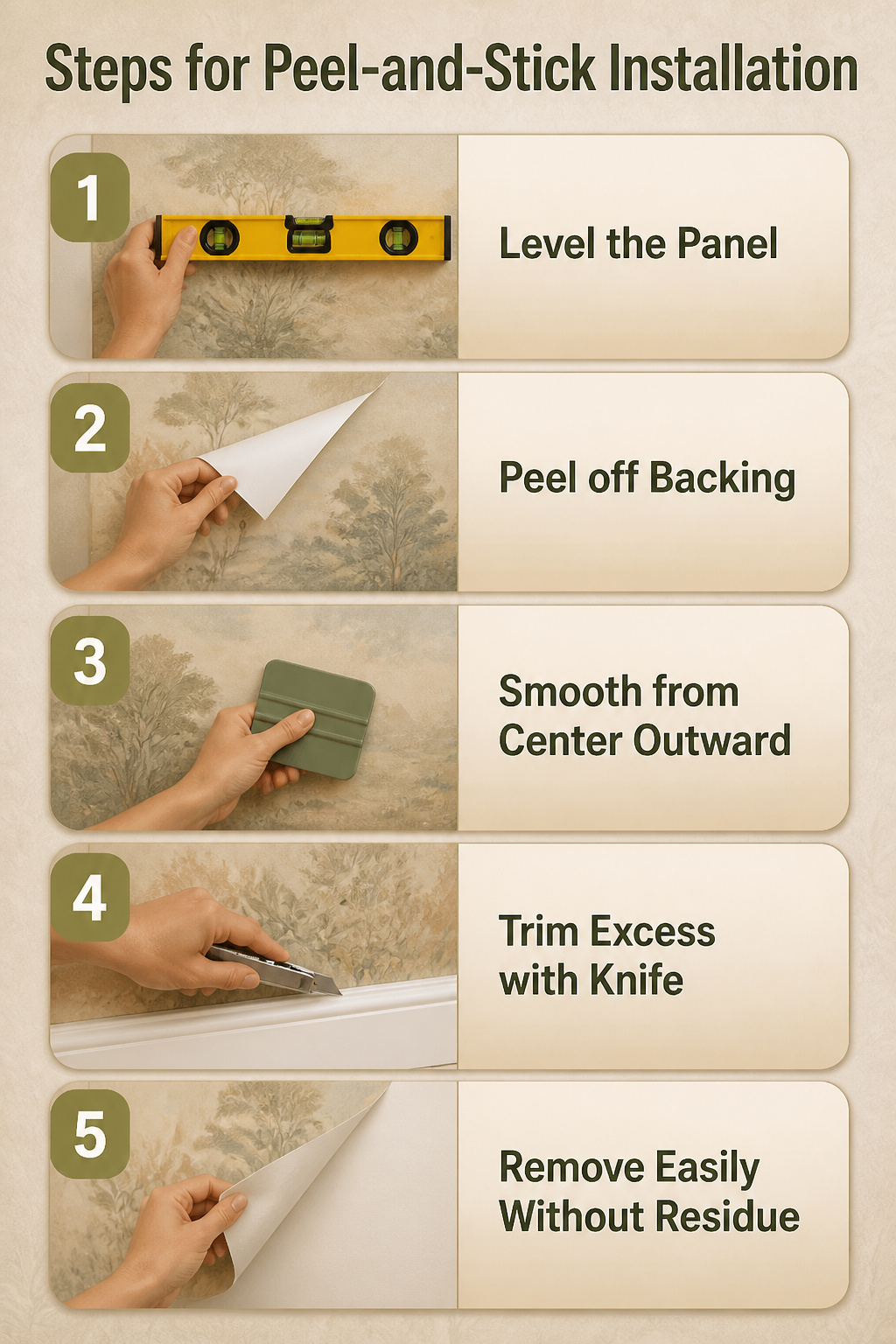 Tools needed for peel-and-stick installation of wallpaper murals displayed.