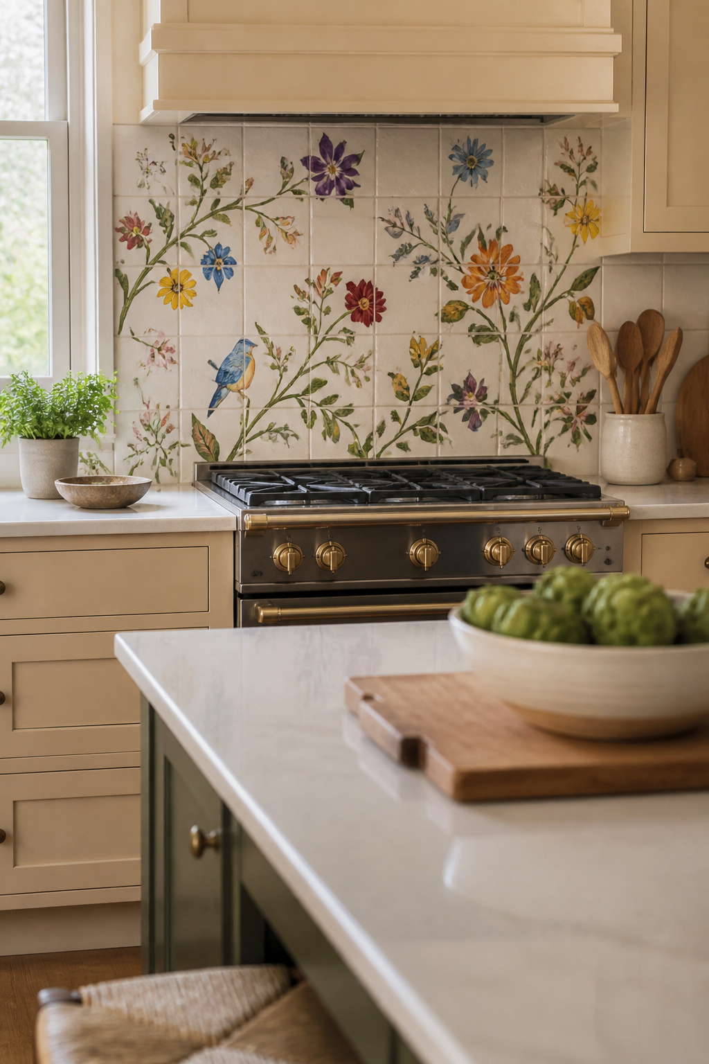 A kitchen backsplash featuring hand-painted floral tile designs.