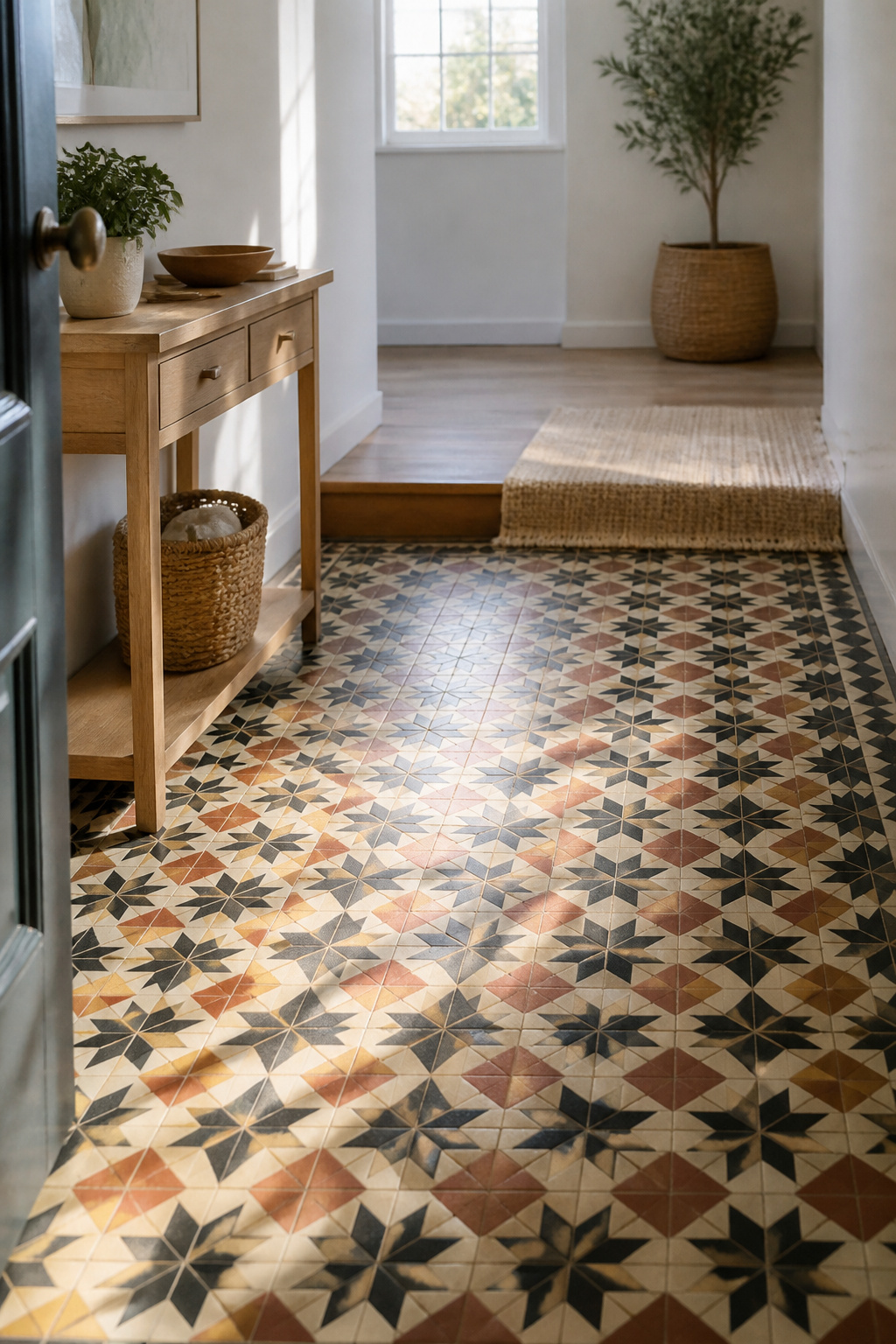 A geometric encaustic tile floor in a transitional entryway.