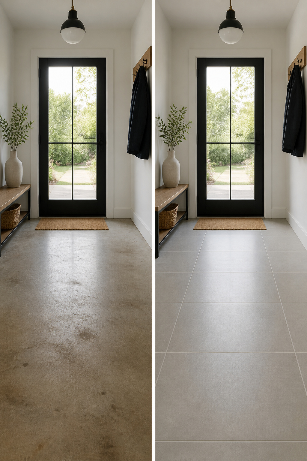 Cement-look tile with a busy geometric pattern.