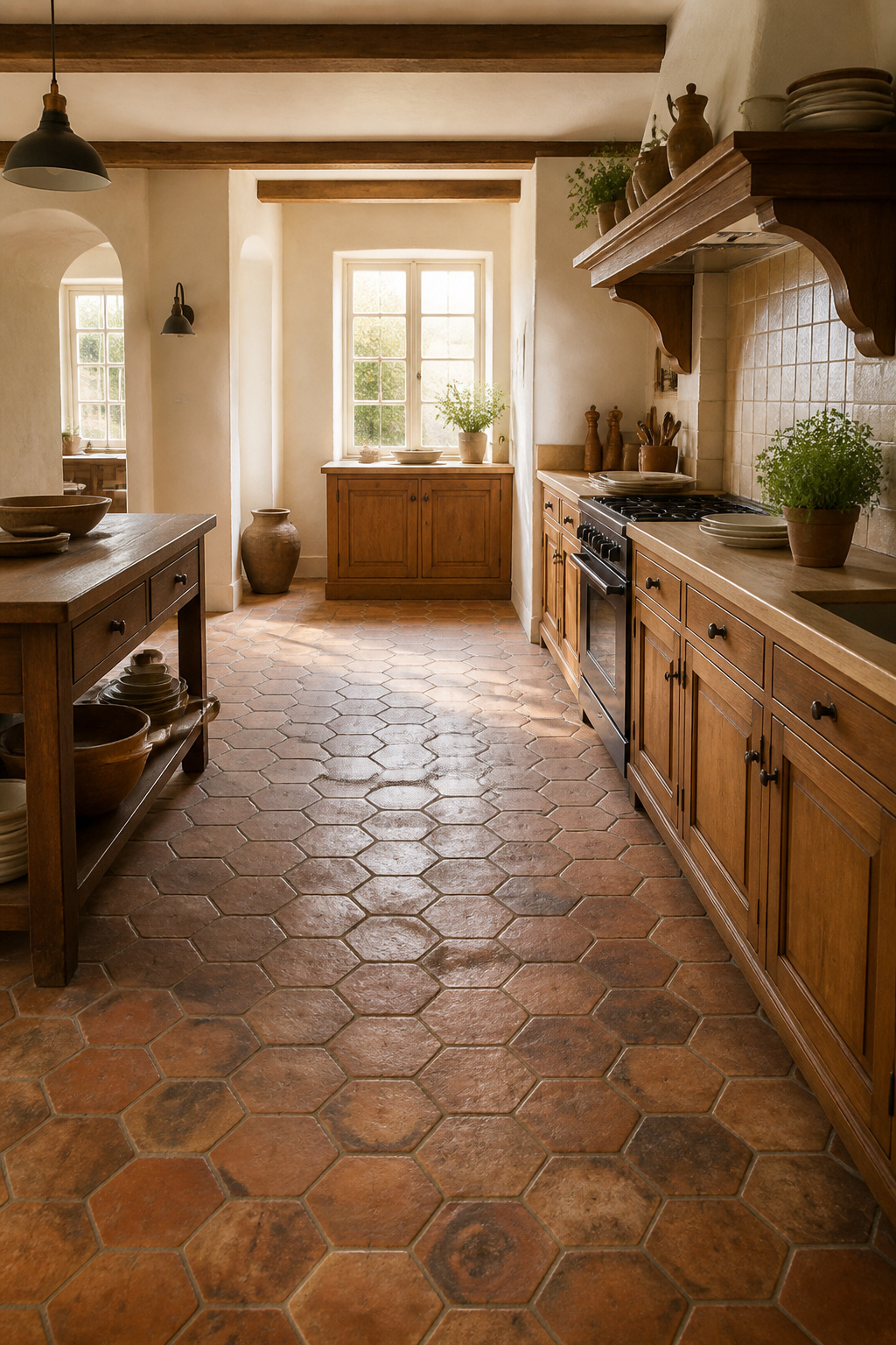 A hexagonal terracotta tile floor in a French kitchen.