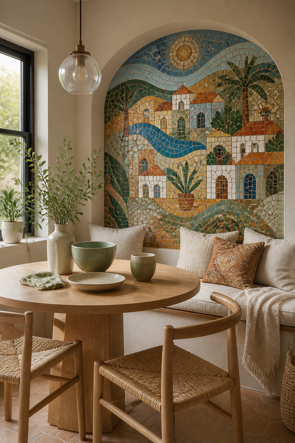 Mosaic tile design over a breakfast table in a kitchen nook.
