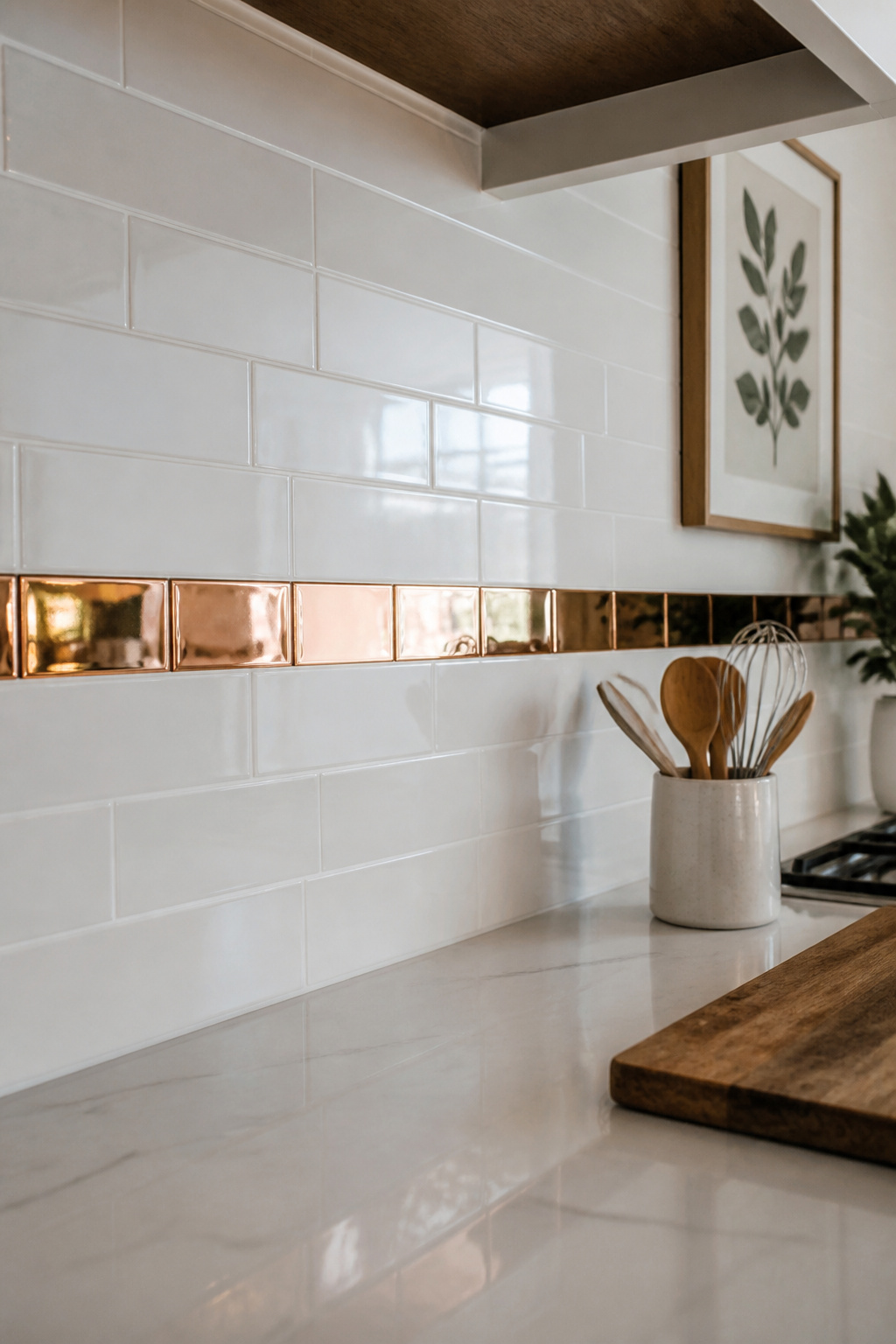 Polished copper strips between white field tiles in a kitchen.