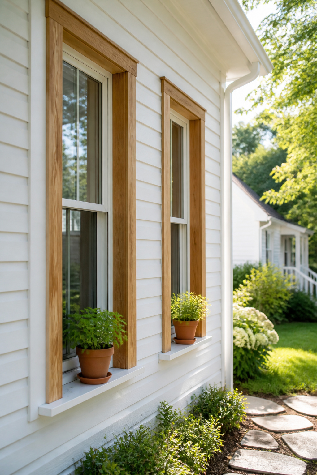 Elegant wooden window frames on a white facade with potted plants.