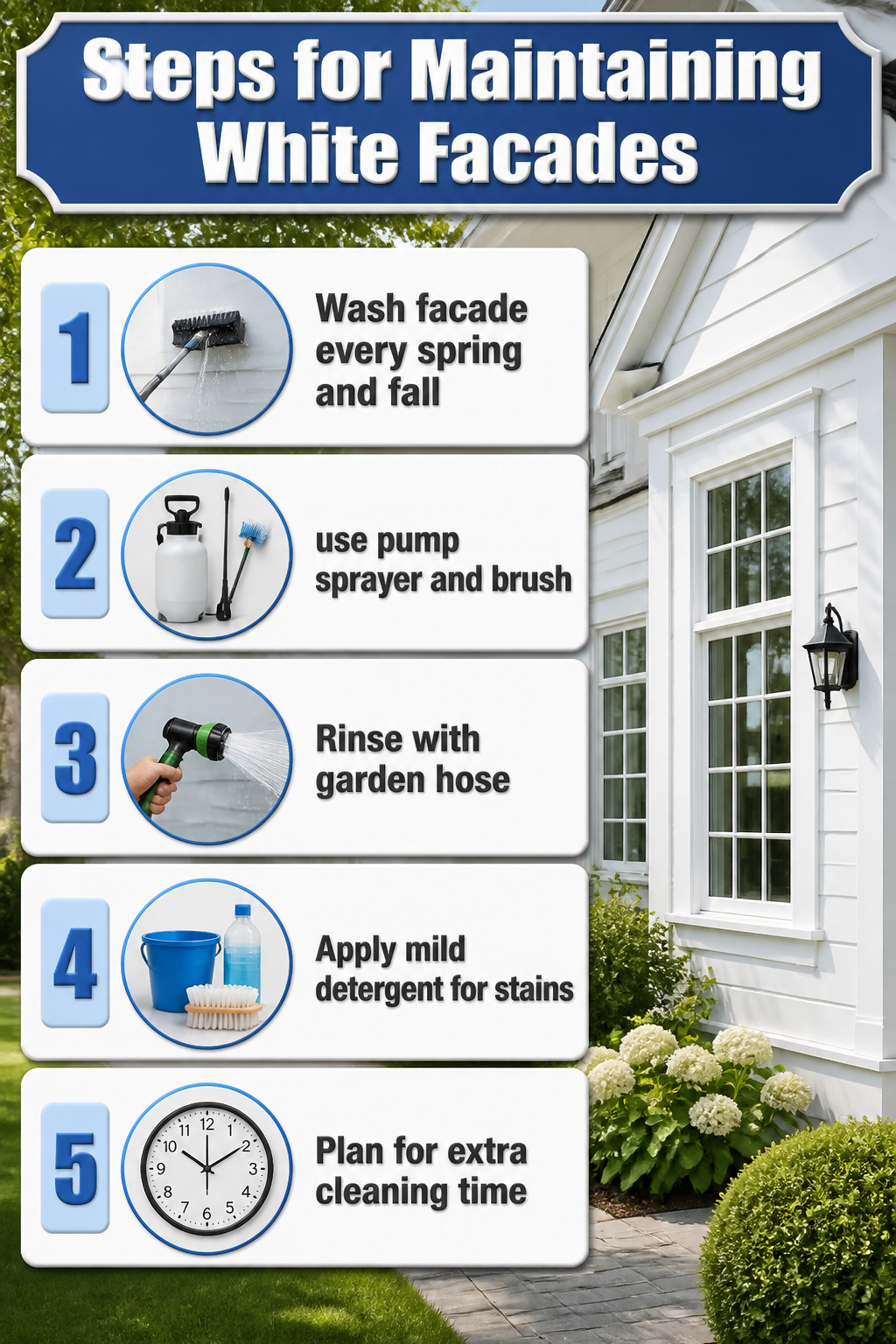 Steps for maintaining white facades with cleaning tools.