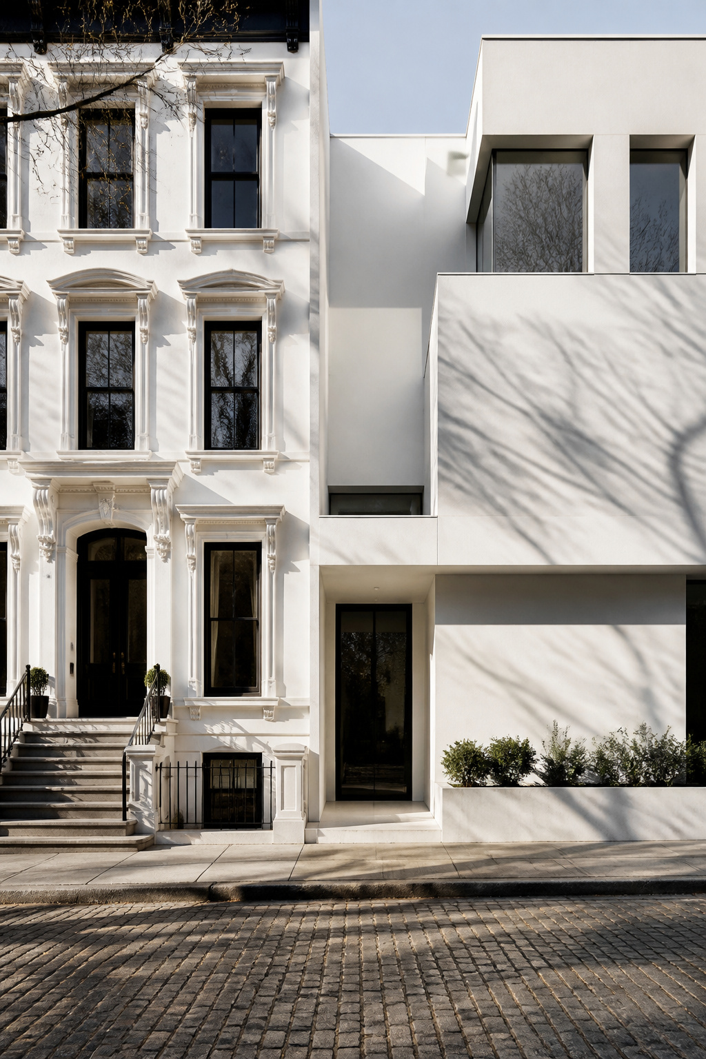 A classic brownstone and modern structure both in white.