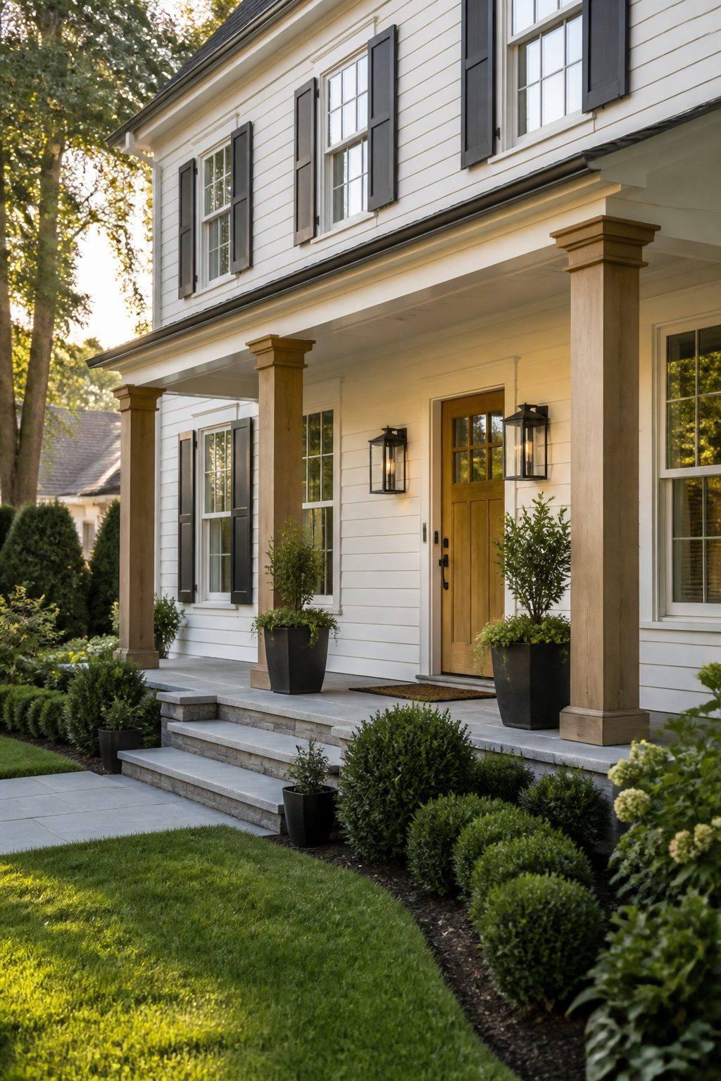 Colonial-style house painted in Benjamin Moore White Dove with wood accents.
