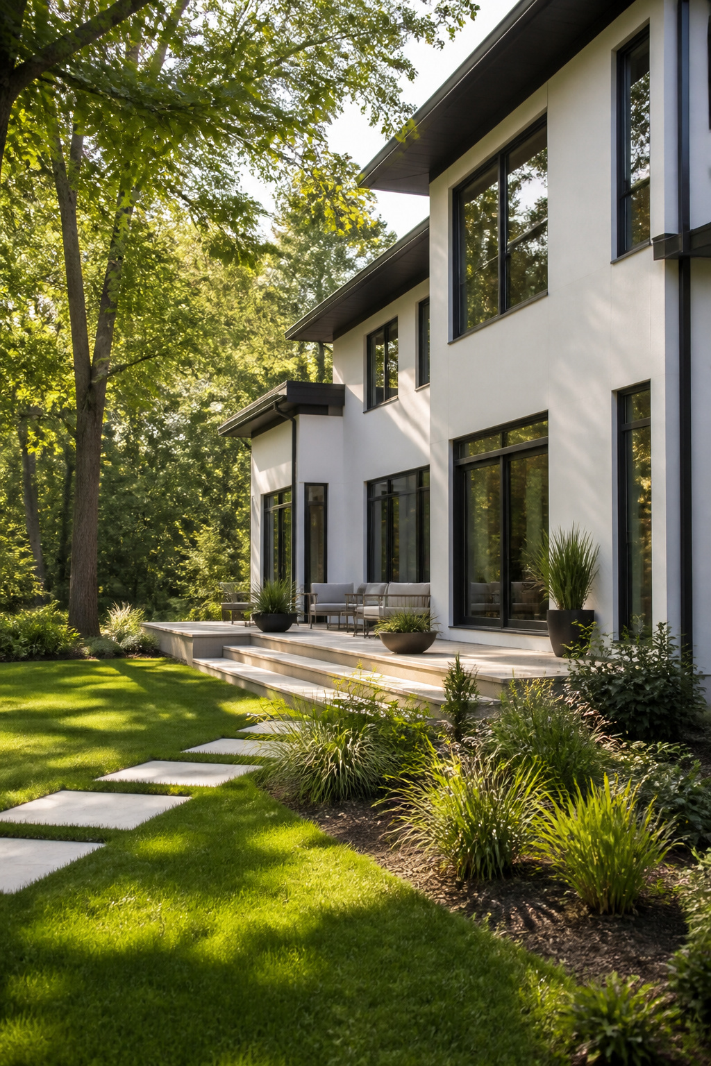 Contemporary house in Sherwin-Williams Snowbound with a landscaped yard.